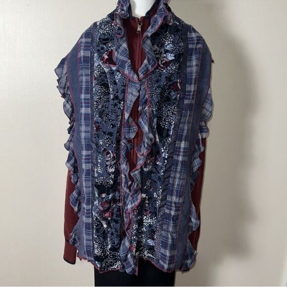 BONITA Navy Burgundy Gray Plaid Velour Floral Patchwork Ruffle Scarf Wrap - Picture 1 of 10